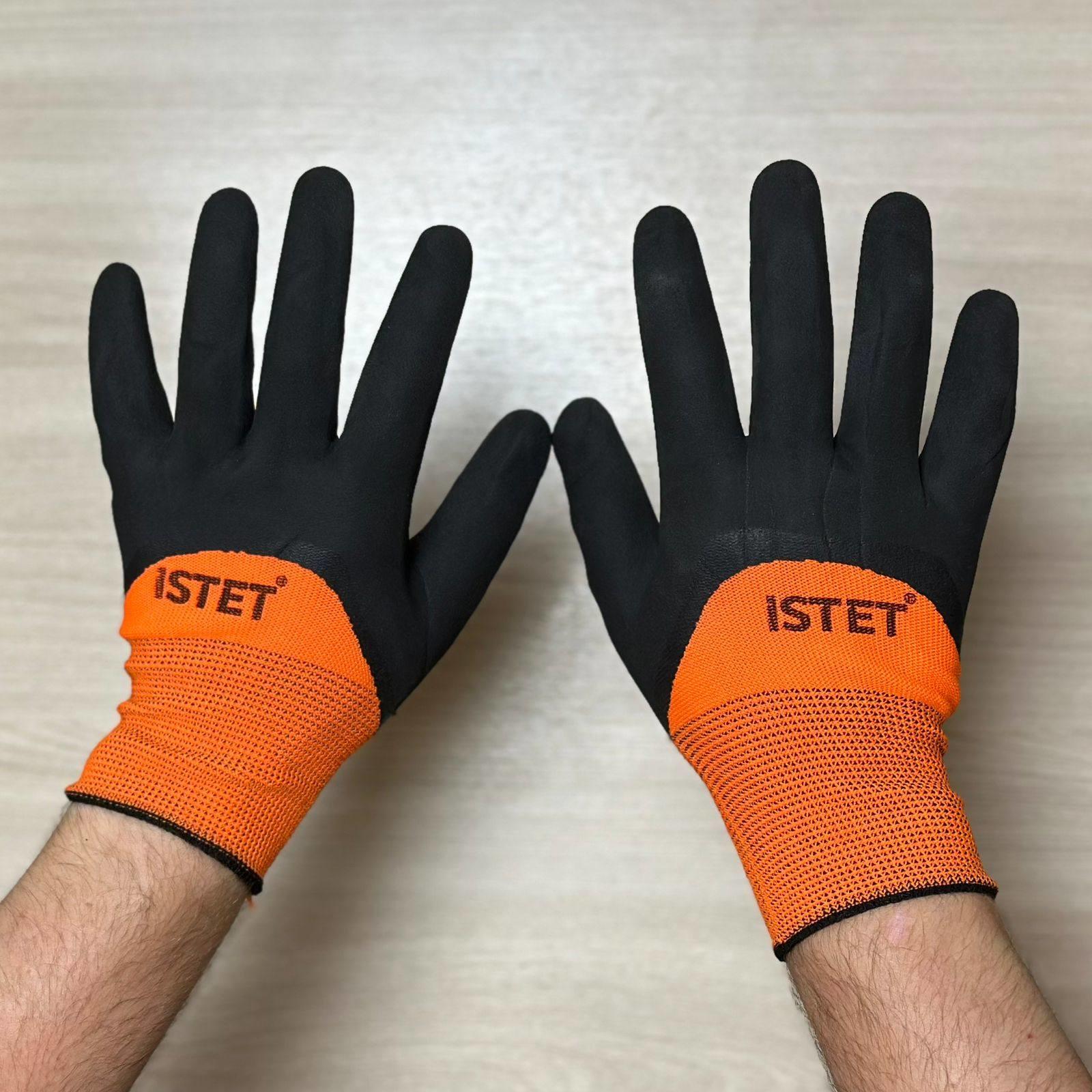 Перчатки оранжевые с черным обливом нейлоновые 1/12/600