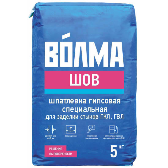 Шпатлевка гипсовая Волма Шов 5кг для заделки стыков и трещин ГКЛ, ГВЛ Шпатлевка гипсовая Волма Шов 5кг для заделки стыков и трещин ГКЛ, ГВЛ