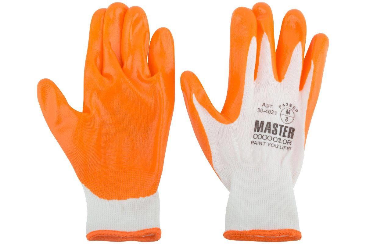 Перчатки полиэстр с оранж. обливкой из нитрила, M, белые МастерКолор 1/12